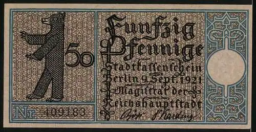 Notgeld Spandau 1921, 50 Pfennig, historische Stadtansicht und Bär