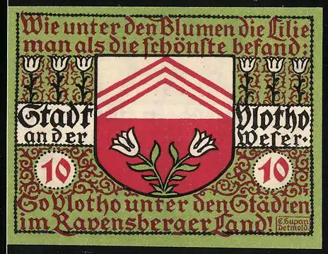 Notgeld Vlotho 1921, 10 Pfennig, Stadt an der Weser mit Lilien und Stadtwappen