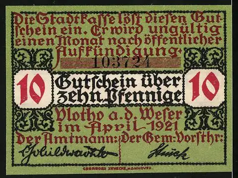 Notgeld Vlotho 1921, 10 Pfennig, Stadt an der Weser mit Lilien und Stadtwappen