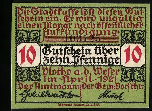 Notgeld Vlotho a. d. Weser 1921, 10 Pfennig, Gutschein über zehn Pfennige, Stadtwappen und Lilien