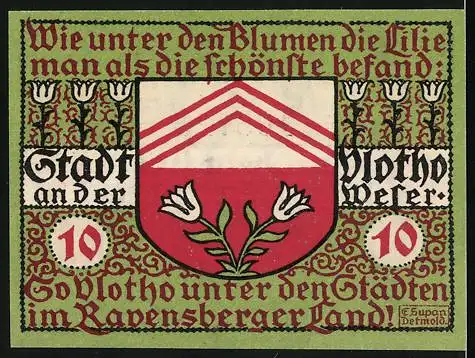 Notgeld Vlotho a. d. Weser 1921, 10 Pfennig, Gutschein über zehn Pfennige, Stadtwappen und Lilien