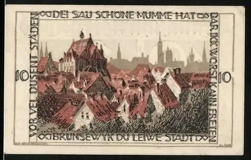 Notgeld Braunschweig 1921, 10 Pfennig, Stadtansicht und springendes Pferd