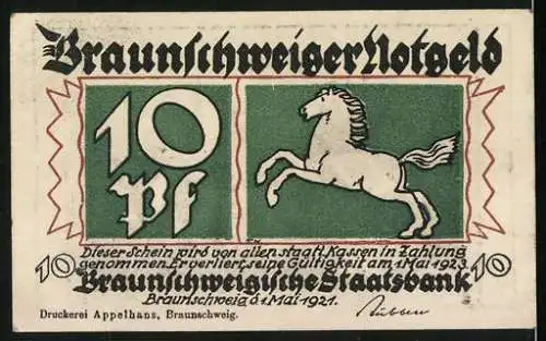 Notgeld Braunschweig 1921, 10 Pfennig, Stadtansicht und springendes Pferd