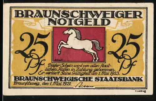 Notgeld Braunschweig 1921, 25 Pf, Pferd und Braunschweiger Staatsbank, Kirche und Statuen