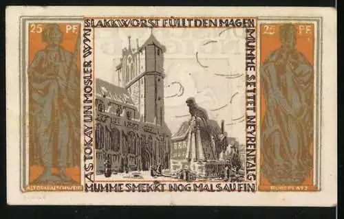 Notgeld Braunschweig 1921, 25 Pf, Pferd und Braunschweiger Staatsbank, Kirche und Statuen