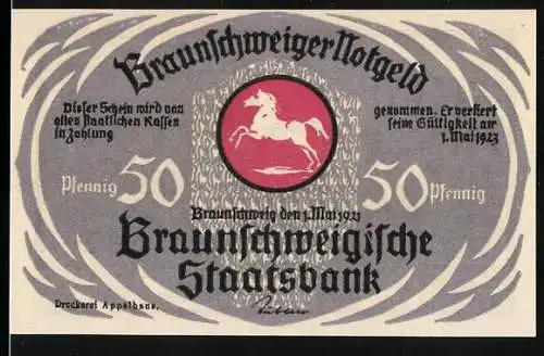 Notgeld Braunschweig 1921, 50 Pfennig, Braunschweigische Staatsbank, Pferd und Bad Harzburger Rennen