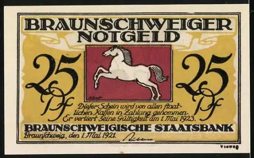 Notgeld Braunschweig, 1921, 25 Pfennig, Till Eulenspiegel sitzend mit Tieren und Schrift auf der Vorderseite, Pferd