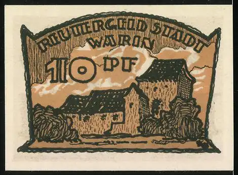 Notgeld Warin, 1922, 10 Pfennig, Stadtansicht und Wappen der Stadt Warin