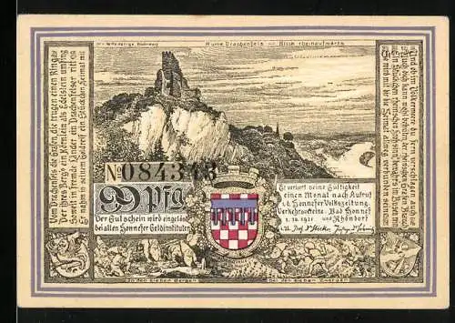 Notgeld Bad Honnef am Rhein, 1921, 50 Pfennig, Burg Drachenfels und Rheinlandschaft