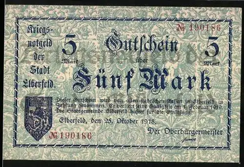 Notgeld Elberfeld, 1918, 5 Mark, Kriegsnotgeld der Stadt Elberfeld, gültig bis 1. Februar 1919