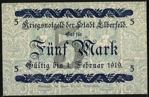 Notgeld Elberfeld, 1918, 5 Mark, Kriegsnotgeld der Stadt Elberfeld, gültig bis 1. Februar 1919