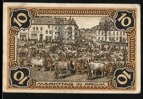 Notgeld Prüm, 1921, 10 Pfennig, Markttag in Prüm und landwirtschaftliche Szenen