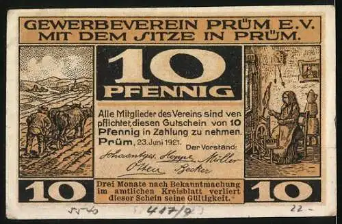 Notgeld Prüm, 1921, 10 Pfennig, Markttag in Prüm und landwirtschaftliche Szenen