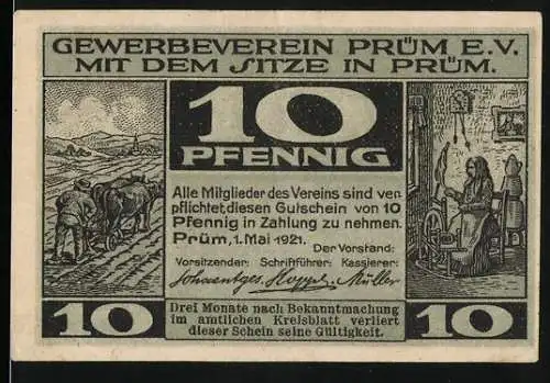 Notgeld Prüm 1921, 10 Pfennig, Szene mit Pflug und Spinnerin, Markttag in Prüm