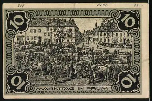 Notgeld Prüm 1921, 10 Pfennig, Szene mit Pflug und Spinnerin, Markttag in Prüm