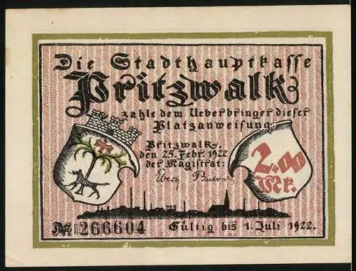 Notgeld Pritzwalk, 1922, 2 Mark, Stadtwappen und mittelalterliche Szene mit Gefangennahme