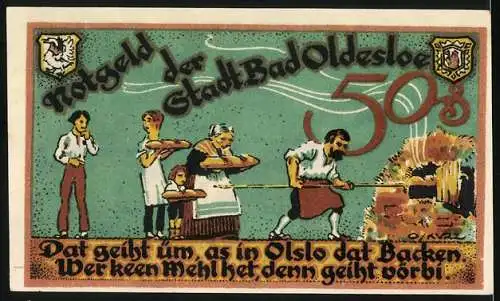 Notgeld Bad Oldesloe, 50 Pfennig, Sol-Moor-Schwefel-Bäder, Bäckerfamilie beim Brotbacken