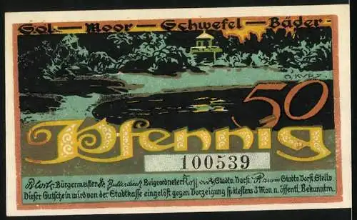 Notgeld Bad Oldesloe, 50 Pfennig, Bäcker und Landschaft mit See und Pavillon, 1921