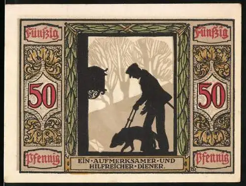 Notgeld Oldenburg 1922, 50 Pfennig, Deutscher Führhund für Kriegsblinde Illustration von Hund und Menschen