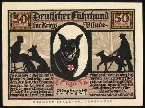 Notgeld Oldenburg 1922, 50 Pfennig, Deutscher Führhund für Kriegsblinde Illustration von Hund und Menschen