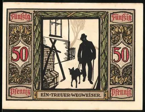 Notgeld Oldenburg 1922, 50 Pfennig, Deutscher Führhund für Kriegsblinde mit Hund und blinder Person