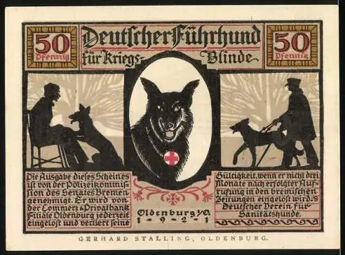 Notgeld Oldenburg 1922, 50 Pfennig, Deutscher Führhund für Kriegsblinde, Hund und Blindenführer