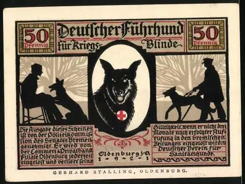 Notgeld Oldenburg 1922, 50 Pfennig, Deutscher Führhund für Kriegsblinde, Hund als Blindenführer