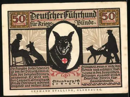 Notgeld Oldenburg 1922, 50 Pfennig, Deutscher Führhund für Kriegsblinde