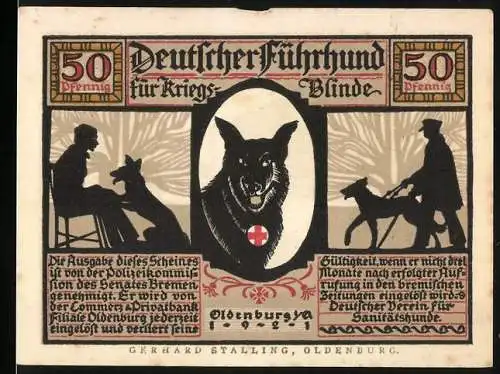 Notgeld Oldenburg 1922, 50 Pfennig, Deutscher Führhund für Kriegsblinde, Gerhard Stalling