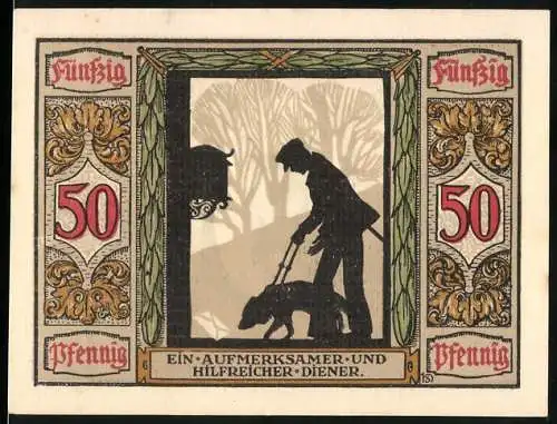 Notgeld Oldenburg 1922, 50 Pfennig, Deutscher Führhund für Kriegsblinde mit Hund und Blindenführer