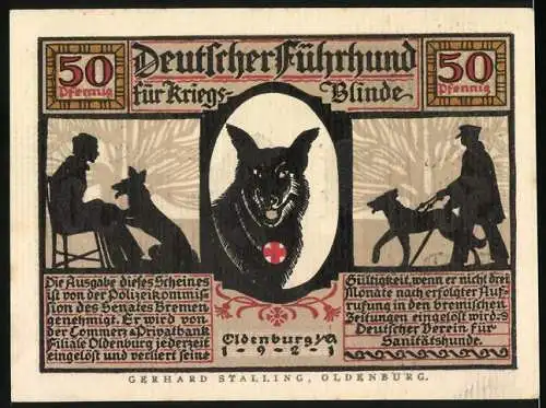 Notgeld Oldenburg 1922, 50 Pfennig, Deutscher Führhund für Kriegsblinde mit Hund und Blindenführer