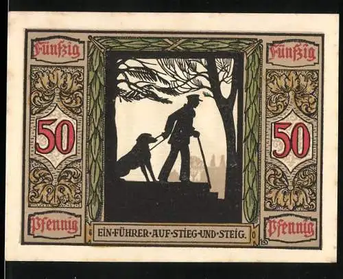 Notgeld Oldenburg 1922, 50 Pfennig, Ein-Führer-auf-Stieg-und-Steig und Deutscher Führhund für Kriegsblinde