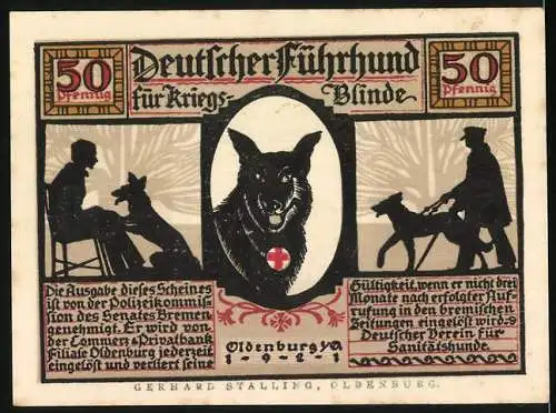 Notgeld Oldenburg 1922, 50 Pfennig, Ein-Führer-auf-Stieg-und-Steig und Deutscher Führhund für Kriegsblinde