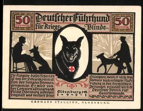 Notgeld Oldenburg 1922, 50 Pfennig, Deutscher Führhund für Kriegsblinde und Ein Retter aus Gefahr