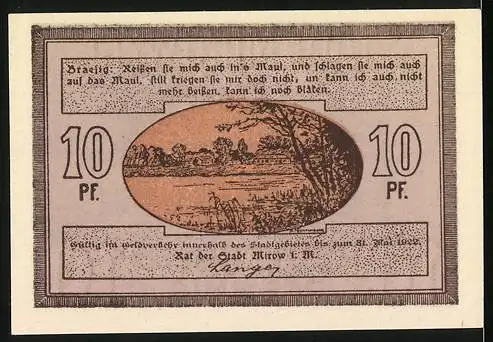 Notgeld Mirow i. M., 10 Pfennig, Reutergeld mit Landschaftsbild und Text, 1921