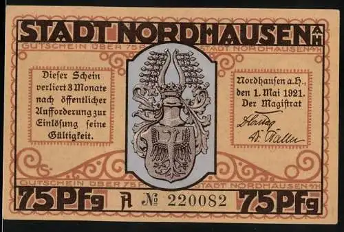 Notgeld Nordhausen 1921, 75 Pfennig, Stadtwappen und Szene mit Skelett und Mann im Fass