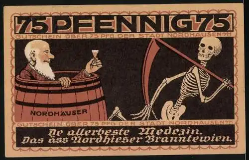 Notgeld Nordhausen 1921, 75 Pfennig, Stadtwappen und Szene mit Skelett und Mann im Fass