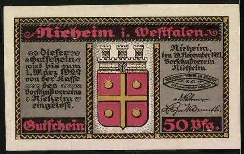 Notgeld Nieheim i. Westfalen 1921, 50 Pfennig, F.W. Webers Wohnhaus und Stadtsiegel