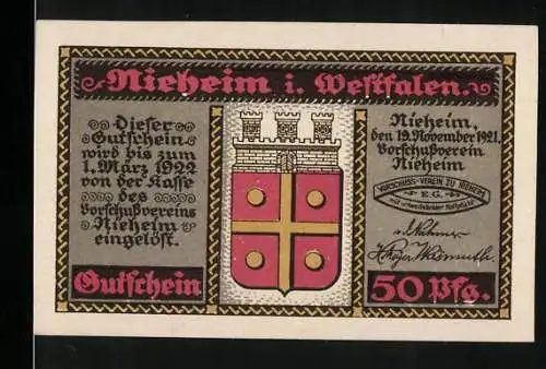 Notgeld Nieheim i. Westfalen 1921, 50 Pfennig, Wappen und Wohnhaus von F.W. Weber