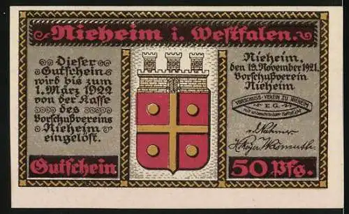 Notgeld Nieheim i. Westfalen, 1921, 50 Pfennig, F.W. Webers Wohnhaus und Wappen der Stadt