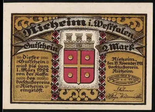 Notgeld Nieheim 1921, 2 Mark, Wappen und Inschrift Vorderseite, Stadtansicht und Texte Rückseite