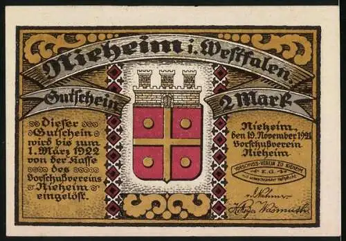 Notgeld Nieheim, 1921, 2 Mark, Turm und Landschaftsszene sowie Wappen mit rotem Kreuz, Text und Unterschriften