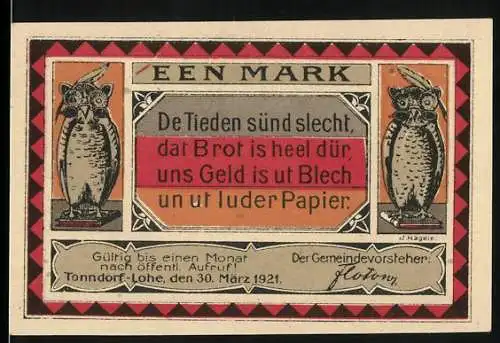 Notgeld Tonndorf-Lohe, 1921, 1 Mark, Eulenmotiv und Spruch De Tieden sünd slecht