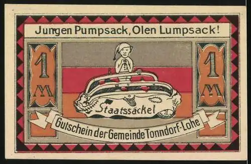 Notgeld Tonndorf-Lohe, 1921, 1 Mark, Eulenmotiv und Spruch De Tieden sünd slecht