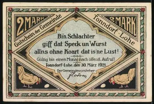 Notgeld Tonndorf-Lohe, 1921, 2 Mark, Gutschein der Gemeinde mit Schlachterillustration