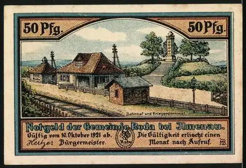 Notgeld Roda 1921, 50 Pfennig, Abbildung von Kirche und Bahnhof mit Kriegerdenkmal