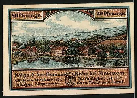 Notgeld Roda 1921, 20 Pfennig, Darstellung einer Eiche und einer Stadtansicht