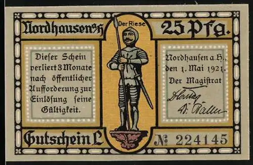 Notgeld Nordhausen 1921, 25 Pfennig, Der Riese mit Stadtszene am Primariusgraben