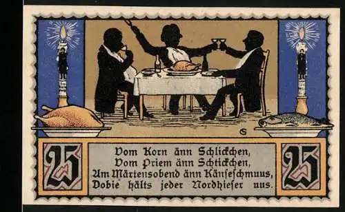 Notgeld Nordhausen 1921, 25 Pfennig, Drei Personen beim Essen an einem Tisch, Gültigkeitsschein und Stadtwappen