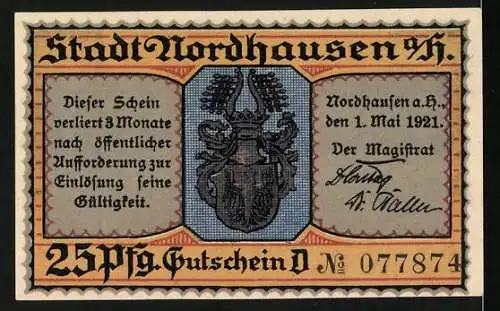 Notgeld Nordhausen 1921, 25 Pfennig, Drei Personen beim Essen an einem Tisch, Gültigkeitsschein und Stadtwappen